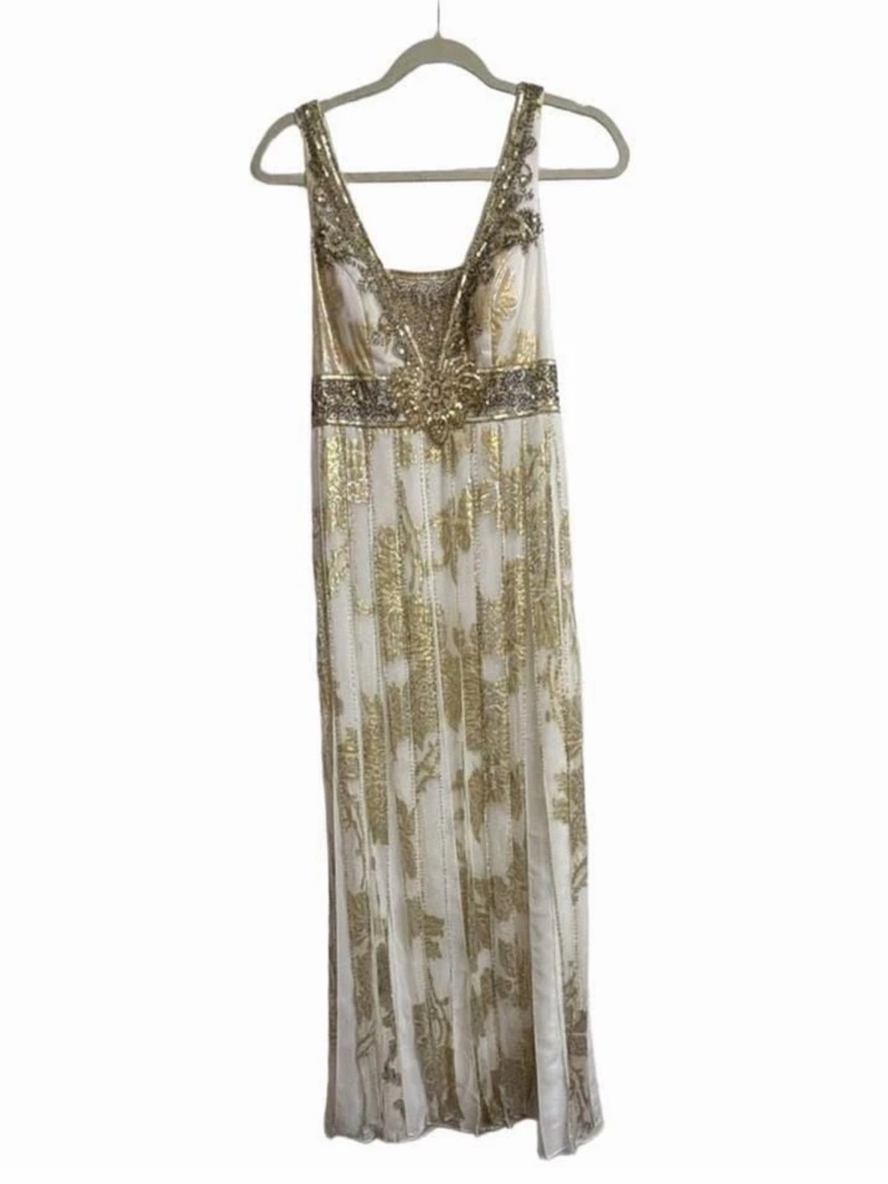 Sue Wong White and Gold Beaded V‑Neck Maxi Dress